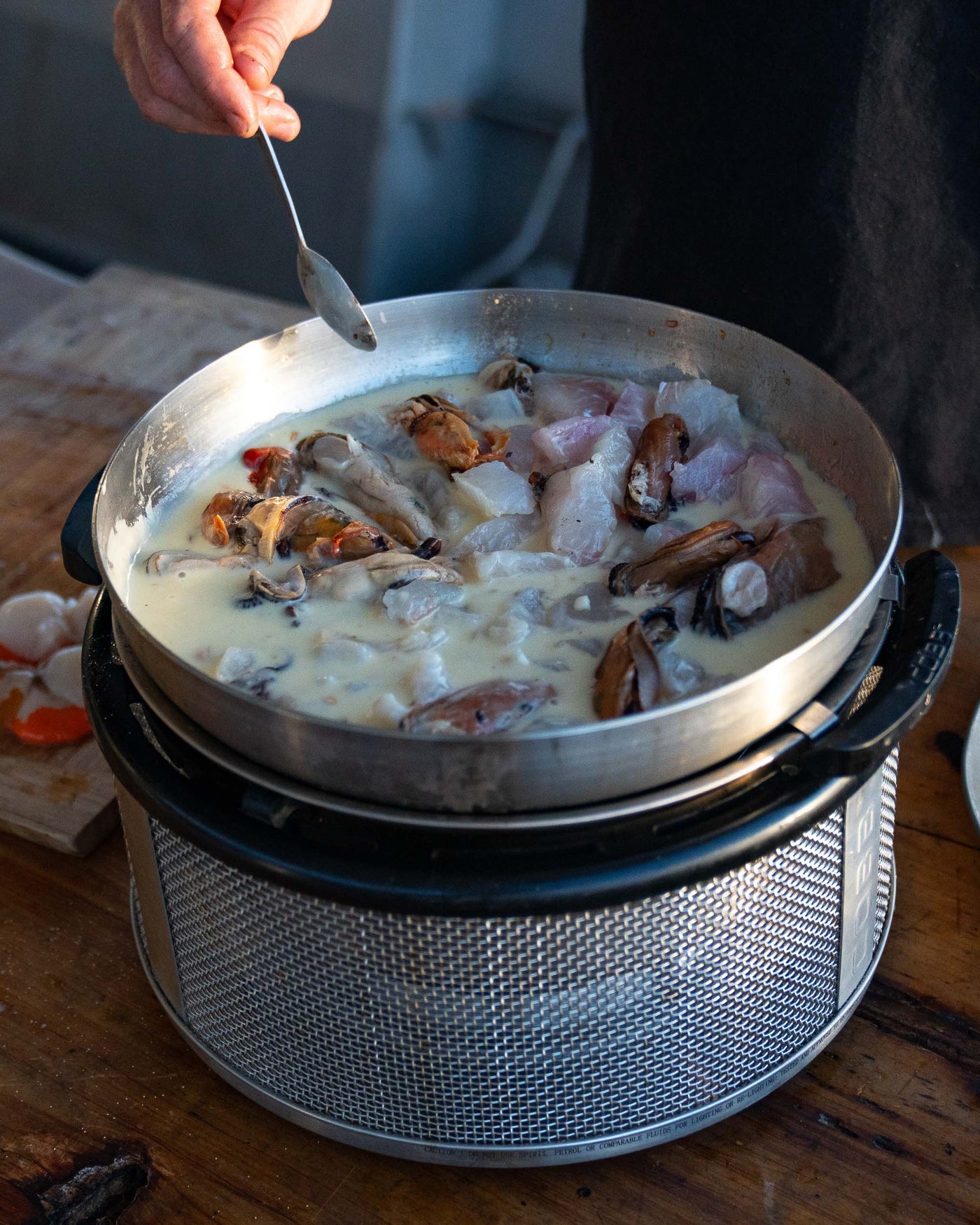 Seafood kaimoana chowder in the COBB Grill NZ Portable BBQ wok accessory